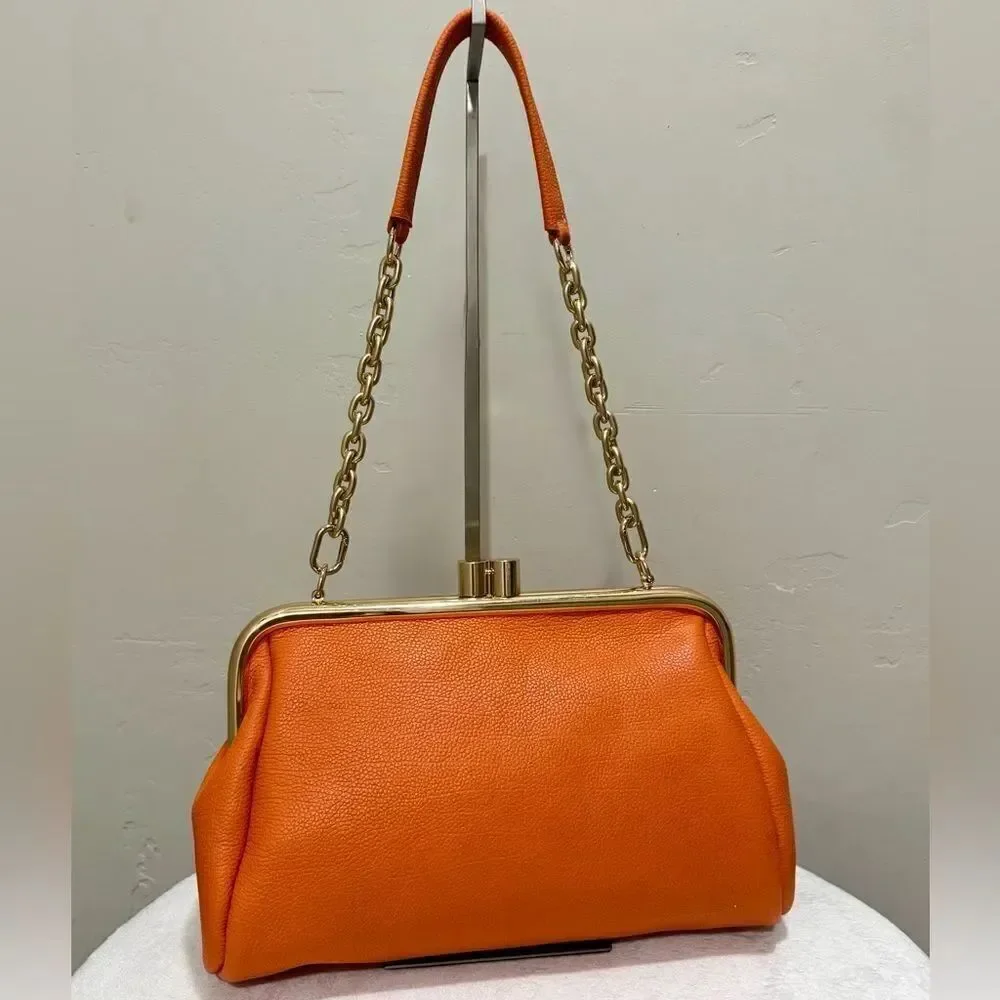 Orange Premium Pebble Cowhide Handmade Large Kiss Lock Handbag/ Multi Use Style